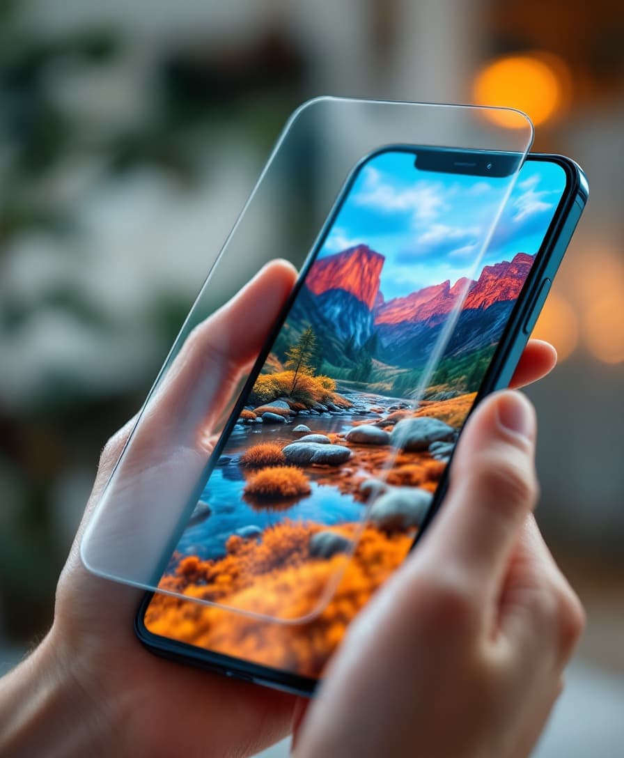Smartphone with a glossy protector showing a vivid landscape photo indoors, crisp detail and rich color. Image created with AI.