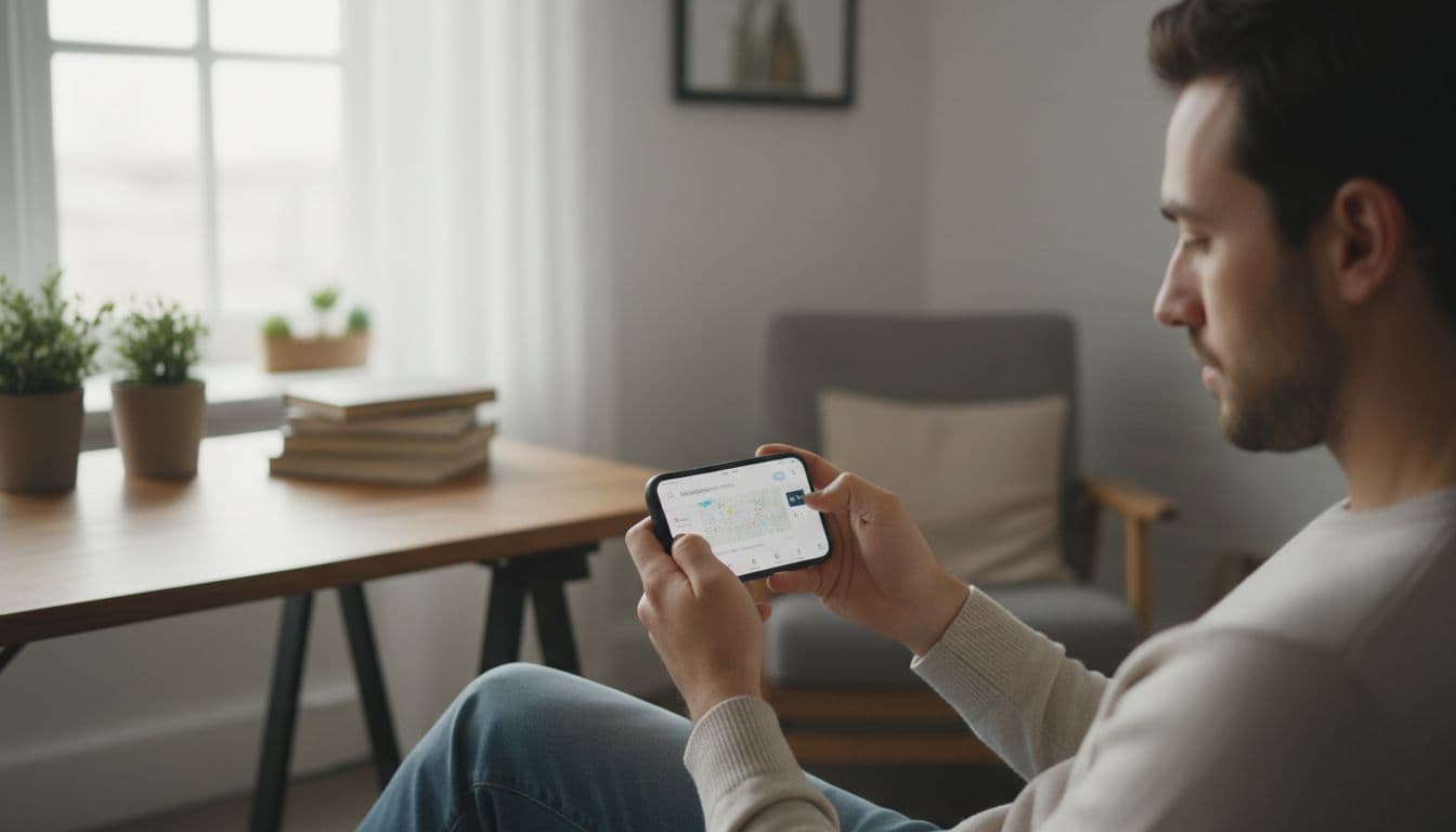 A person in a casual home office holds a smartphone showing a blurred local service search like 'plumber near me', standing near a window with natural daylight, realistic photo emphasizing intent-driven search moment.