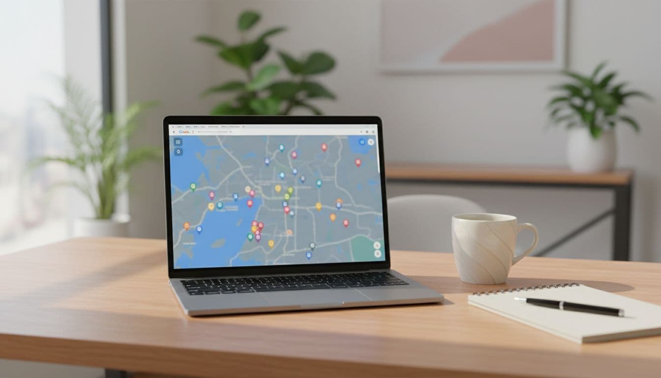 Top-down view of a laptop on a wooden desk showing a soft-focused Google Maps with indistinct local business pins, next to a coffee mug and open notebook in a modern plant-filled office with natural light.