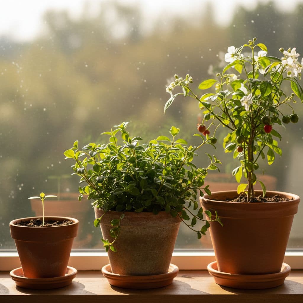 Three plants in terracotta pots on a bright windowsill: a small sprout, medium bushy plant, and tall thriving plant with flowers and fruits, captured in realistic close-up photography with soft morning sunlight.