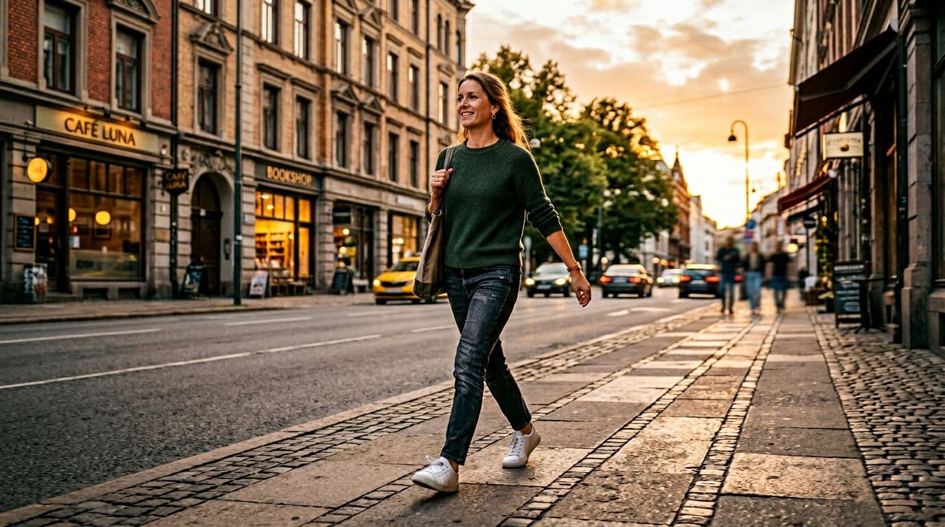 Photorealistic scene of a confident woman in casual clothes walking briskly along a city sidewalk at golden hour, with detailed buildings and street elements in the background under warm sunlight.