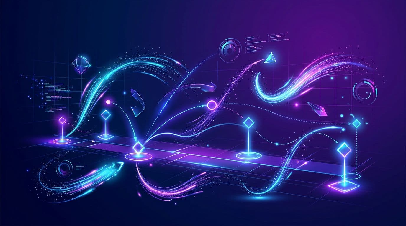 Abstract digital visualization of creative video editing controls including glowing keyframes, motion paths, and brush tools on a dark gradient background with high-tech neon blue and purple lighting.