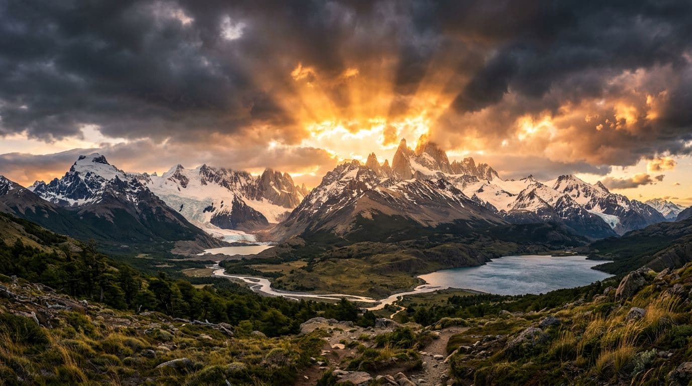 Vast wide-angle cinematic landscape of snow-capped mountains with rays of sunlight breaking through dramatic stormy clouds during golden hour, featuring HDR rich colors, high contrast, and photorealistic style.