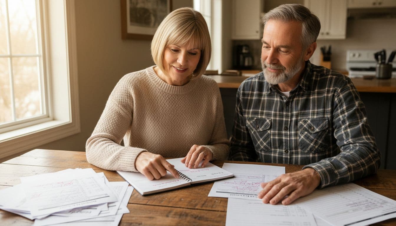Middle-aged couple at wooden table reviews printed budget worksheets and notebook with crossed-out expenses.