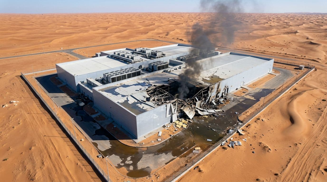 Aerial view of a modern data center facility in a Middle Eastern desert landscape, showing structural damage from a drone strike with collapsed sections, rising smoke from fires, water puddles, and surrounding sand dunes under a clear blue sky with harsh sunlight.