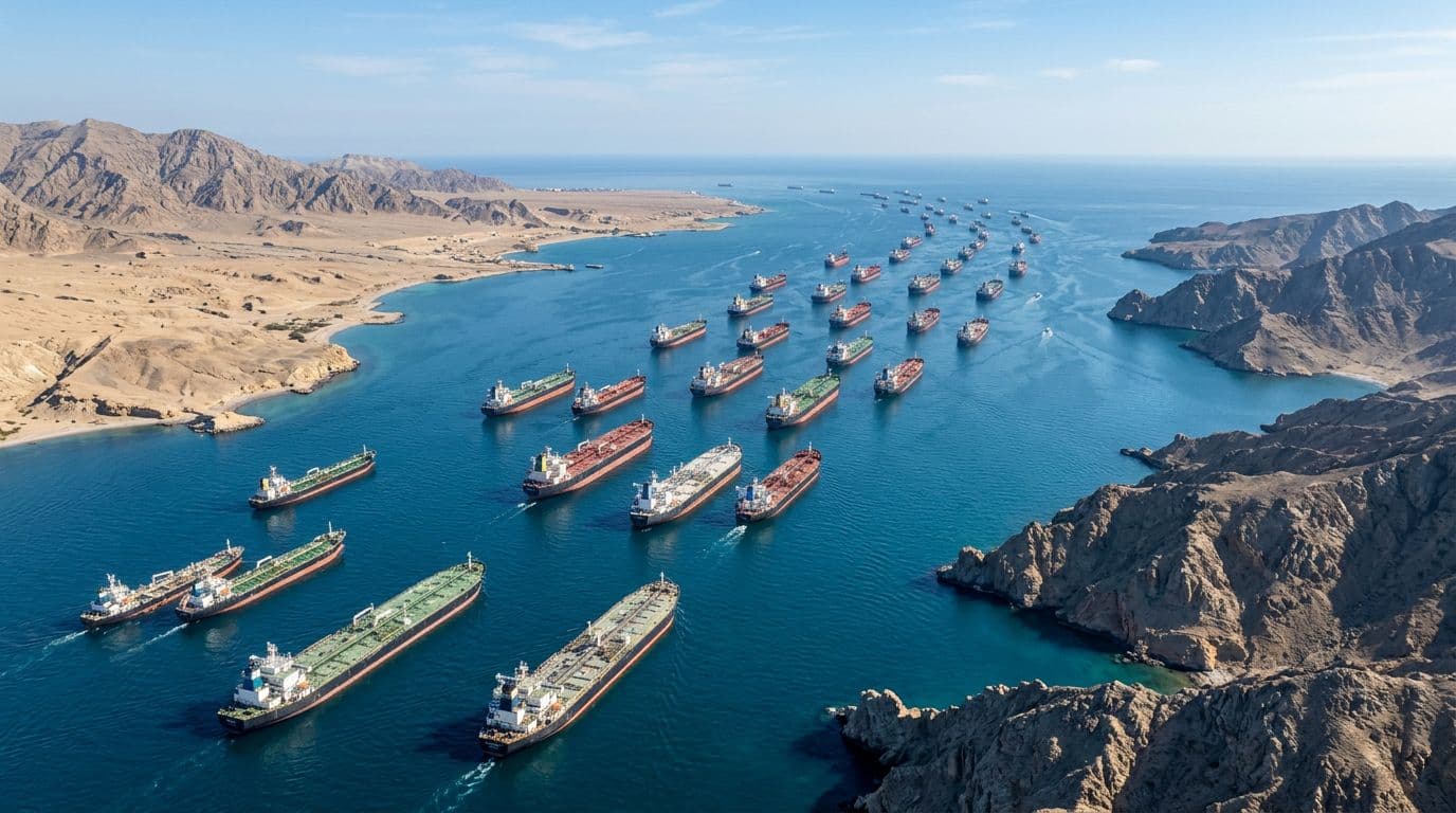 Aerial photograph of large oil tankers queued in the narrow Strait of Hormuz amid calm Persian Gulf waters, with distant sandy shores of Iran and Oman under a clear blue sky in bright daylight.