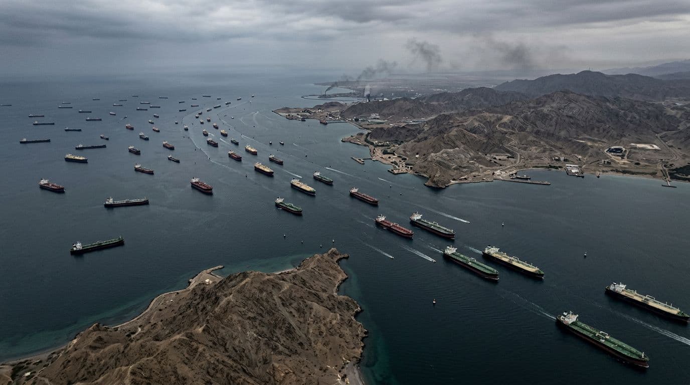 Realistic aerial view of the Strait of Hormuz, a narrow waterway in the Persian Gulf crowded with large oil and LNG tankers under overcast skies with distant smoke plumes.
