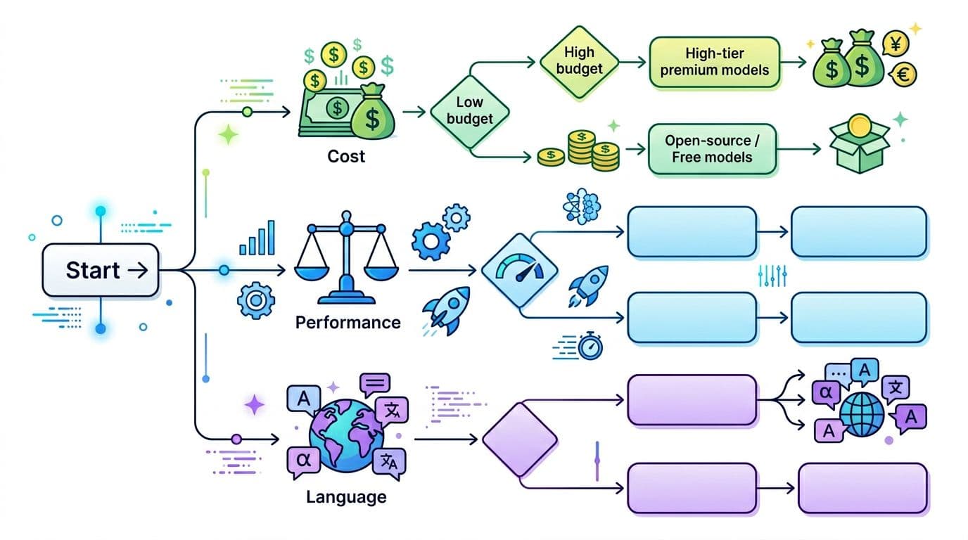 Clean infographic flowchart for choosing AI models, with branches for cost, performance, and language, using simple icons like dollar signs, money bags, and balance scales on a white background.
