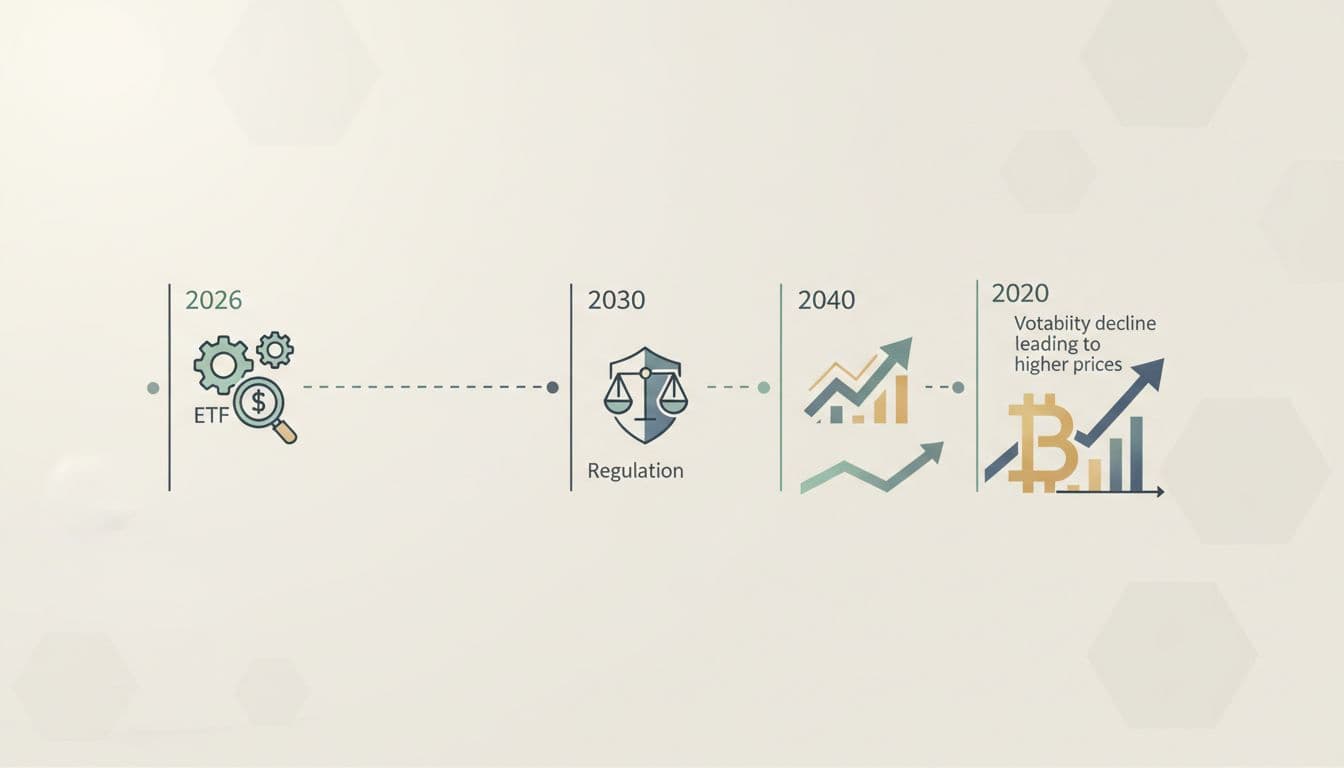 Infographic timeline illustrating Bitcoin's journey from 2026 to 2040, highlighting ETF adoption, regulatory progress, declining volatility, and path to $1 million price with abstract icons and year markers on a neutral background.