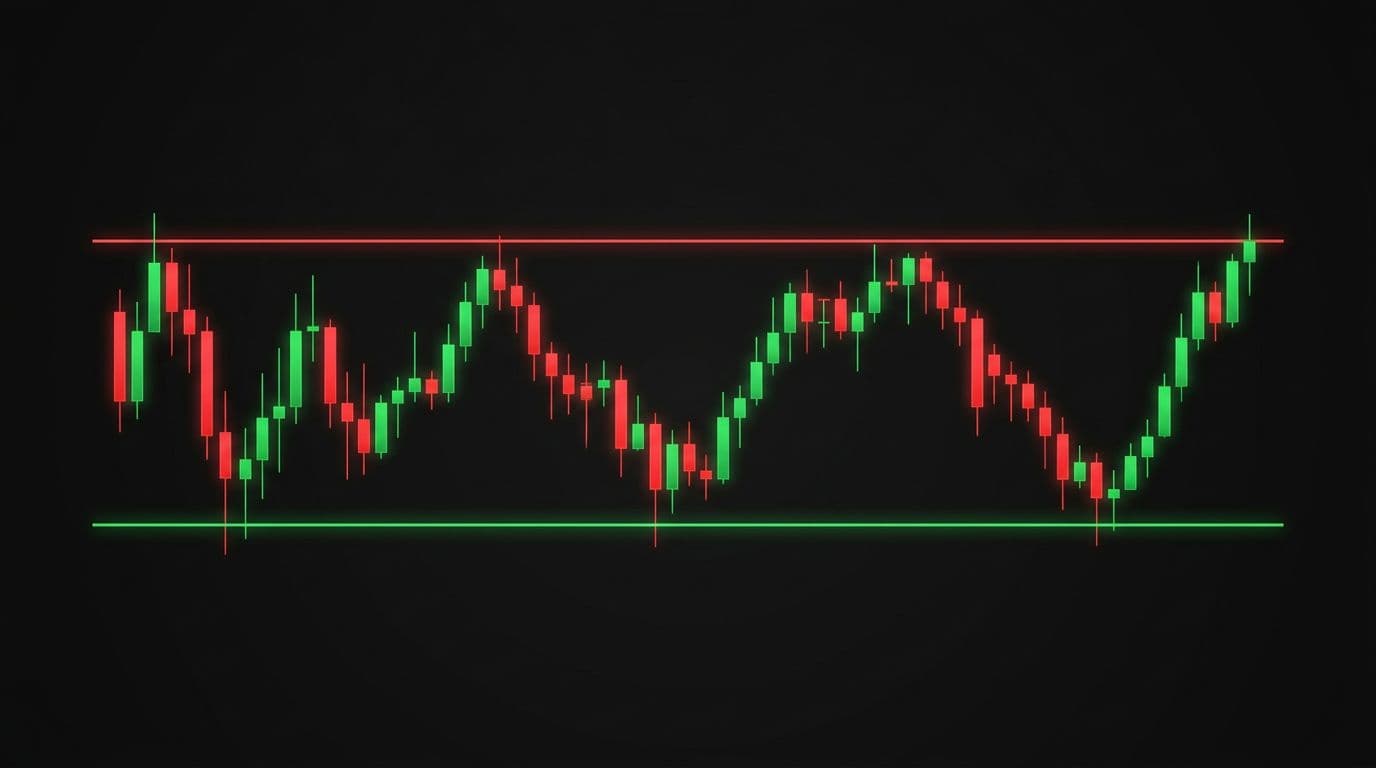 Bitcoin price chart on dark background with horizontal support at lower 60K and resistance at upper 60K, featuring volatile candlesticks in a clean professional trading style.