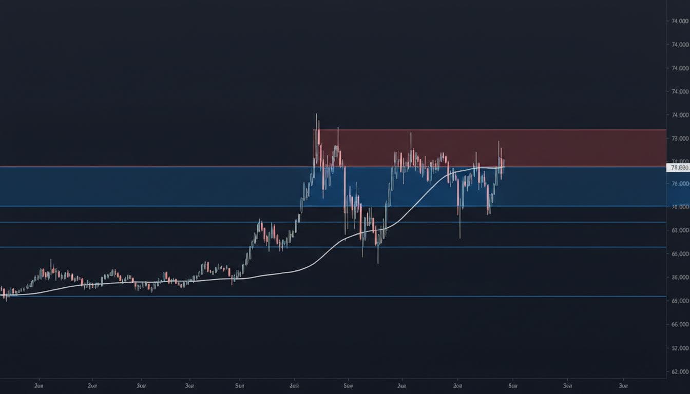 Abstract line graph visualizing Bitcoin's key price zones on the price chart: prominent 70K support band, supports at 66K and 62K, resistance at 74K-75K, with recent price bounce on dark professional background.