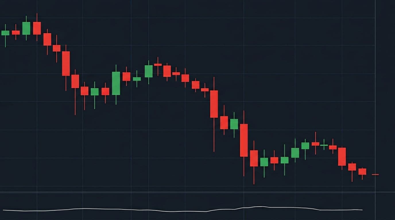 Professional candlestick chart depicting Bitcoin price sliding from $72,000 to $67,000 on a dark blue background with green and red candles and bottom volume line.