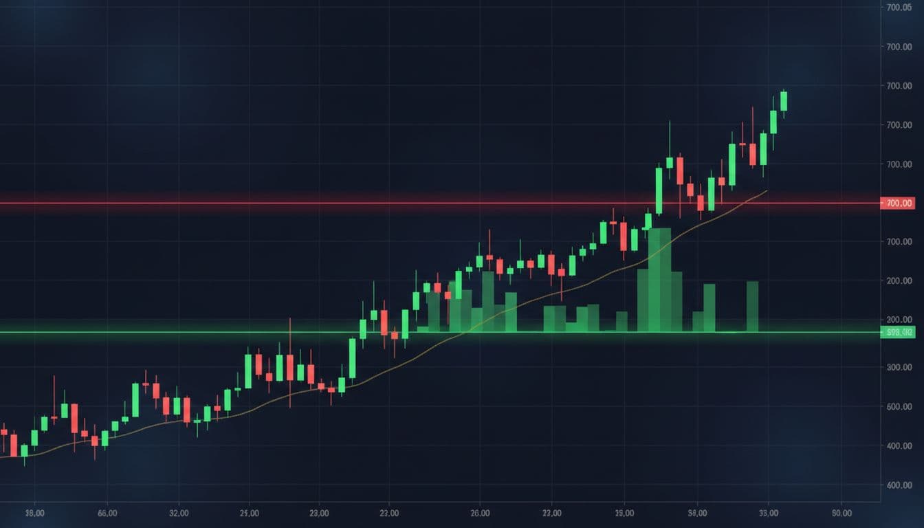Bitcoin price chart in candlestick style showing recent bounce from support zone around 62,000 to 65,000 dollars and resistance near 70,000 to 75,000 dollars, on a clean dark background with green and red candles.