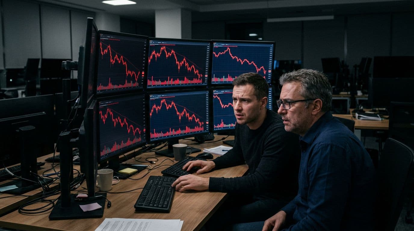 Landscape photograph of a modern trading floor featuring two traders with concerned expressions at desks, surrounded by screens showing red downward-trending Bitcoin candlestick charts and falling stock indices, under dim lighting with shadows.