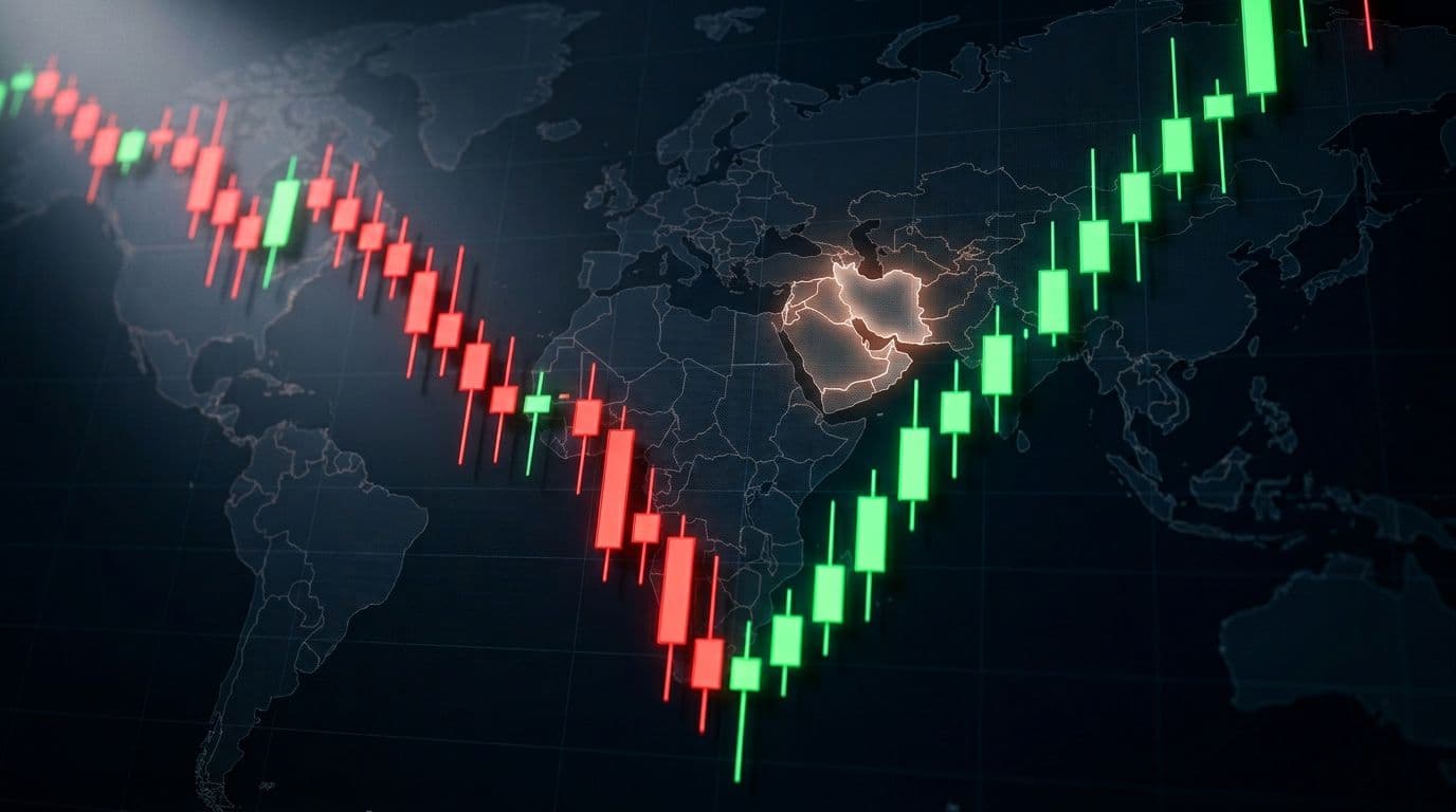 Dynamic financial chart of Bitcoin price showing a sharp dip followed by recovery, with candlestick patterns transitioning from red to green on a dark background and subtle faint world map overlay highlighting the Middle East.