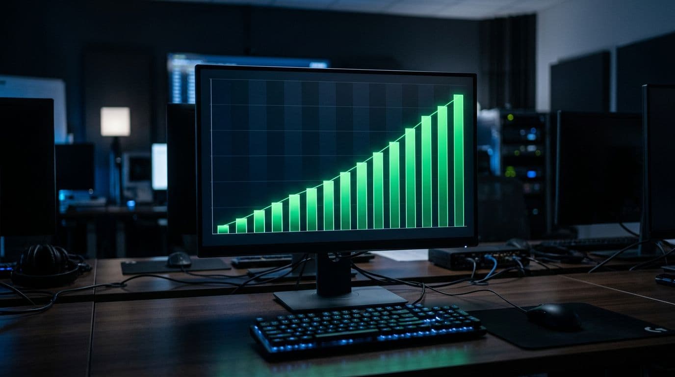 Financial graph on a monitor displaying steady green inflows into Bitcoin ETFs over months with a rising bar chart, set in a dark professional trading room with soft blue lighting and a visible keyboard.
