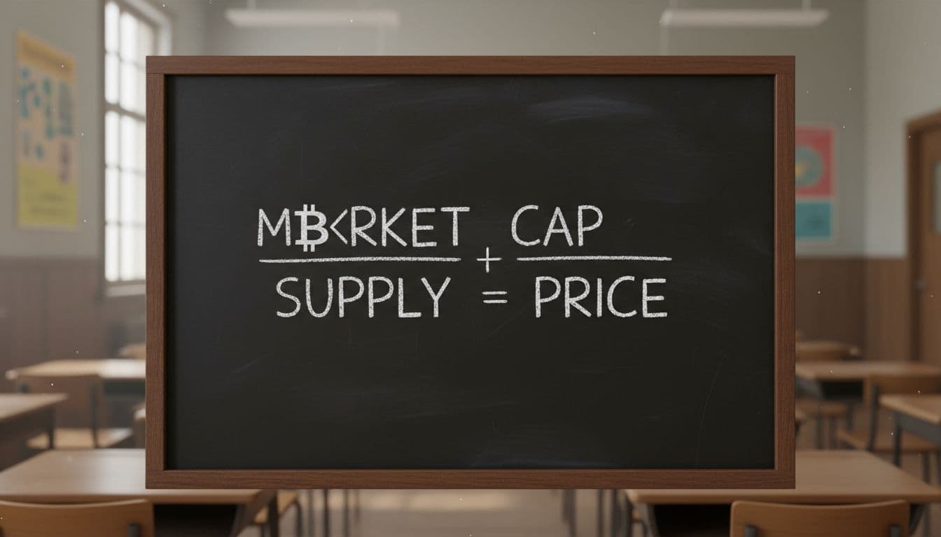 A simple mathematical equation on a chalkboard illustrates market cap divided by supply equals price, with Bitcoin symbol integrated in a classroom setting.