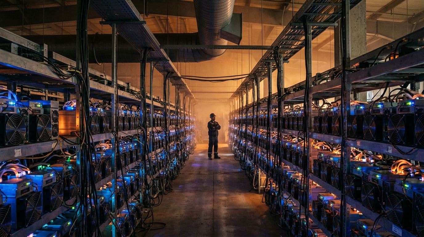 Landscape realistic photo of a Bitcoin mining data center interior featuring endless rows of ASIC mining machines glowing with blue and orange lights, heat haze, and a lone technician observing from afar.