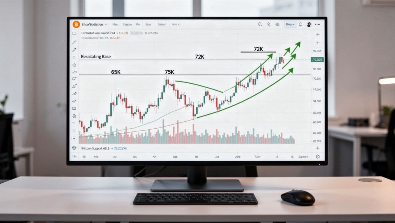 Bitcoin price chart on a clean digital screen in an office desk setting, showing consolidation base with higher lows above 65k support and 72k resistance, subtle green uptrend arrows, modern technical analysis style, realistic lighting, landscape composition.