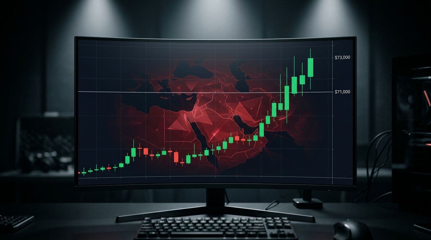 Dynamic upward-trending Bitcoin price chart with green candles spiking above the $71,000 mark on a sleek digital display in a dark modern trading desk, featuring a faint tense Middle East map overlay in red hues.