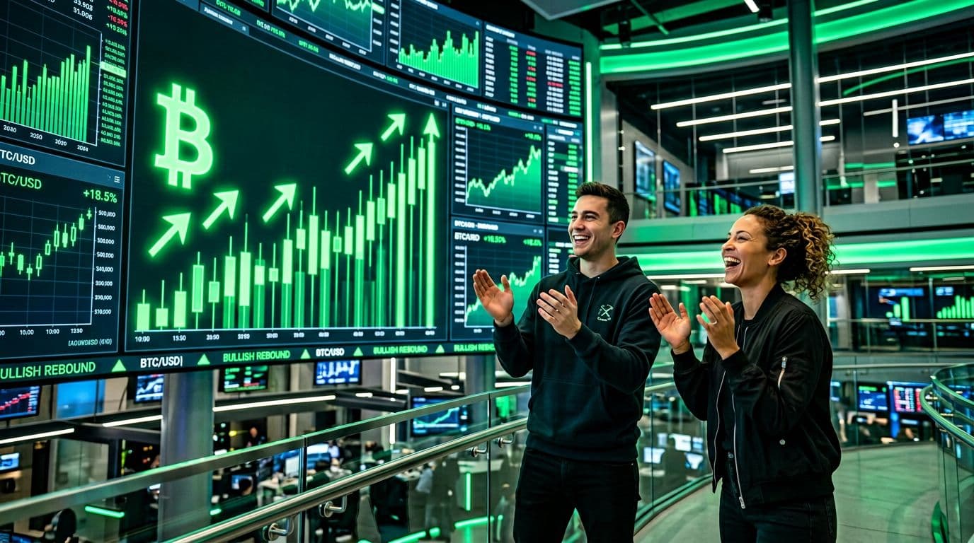A vibrant scene of a bullish crypto market rebound led by Bitcoin, featuring green upward arrows, candlestick charts, and two celebrating traders on a modern exchange floor.