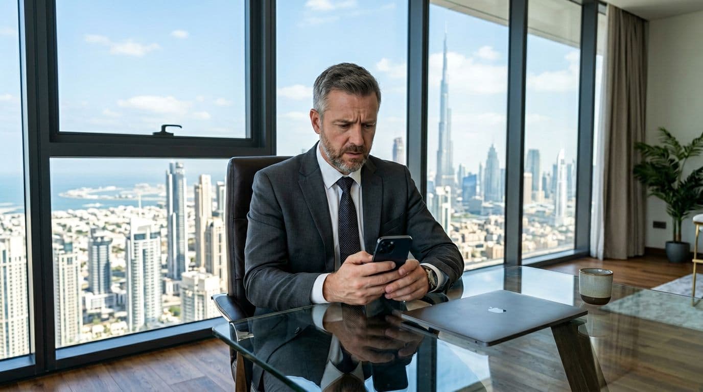 A middle-aged professional man in business attire sits at a modern glass desk in a Dubai high-rise apartment, checking his smartphone with a concerned expression, closed laptop nearby, and Dubai cityscape visible through a large window.