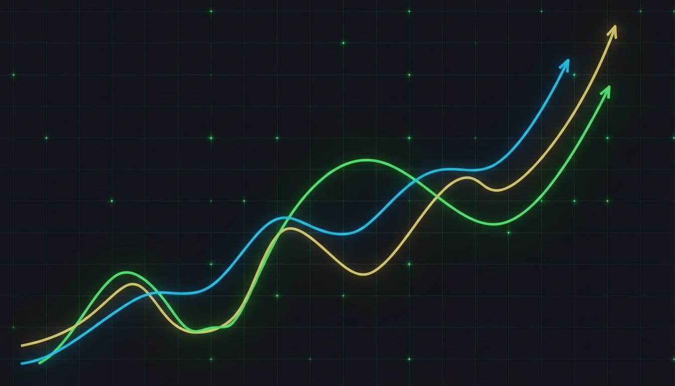 Abstract visualization of Bitcoin, Ethereum, and XRP price lines rising slightly from lows in dark mode with green accents, subtle grid background, wide landscape composition.