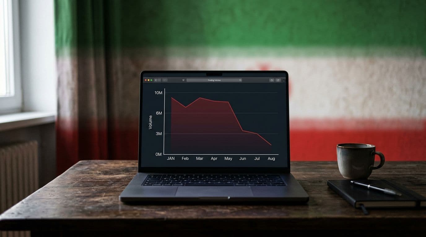 A realistic simple line graph on a dark desk with one laptop shows cryptocurrency trading volume plunging 80 percent, against a background of Iranian flag colors, soft lighting, no people or text.