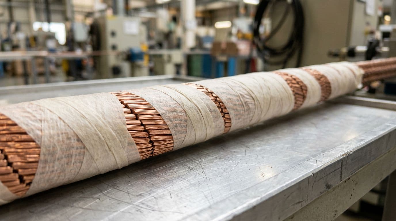 Close-up of a tightly wrapped bundle of continuously transposed copper conductors (CTC) with thin paper insulation on a clean metal production tray, factory background softly blurred.