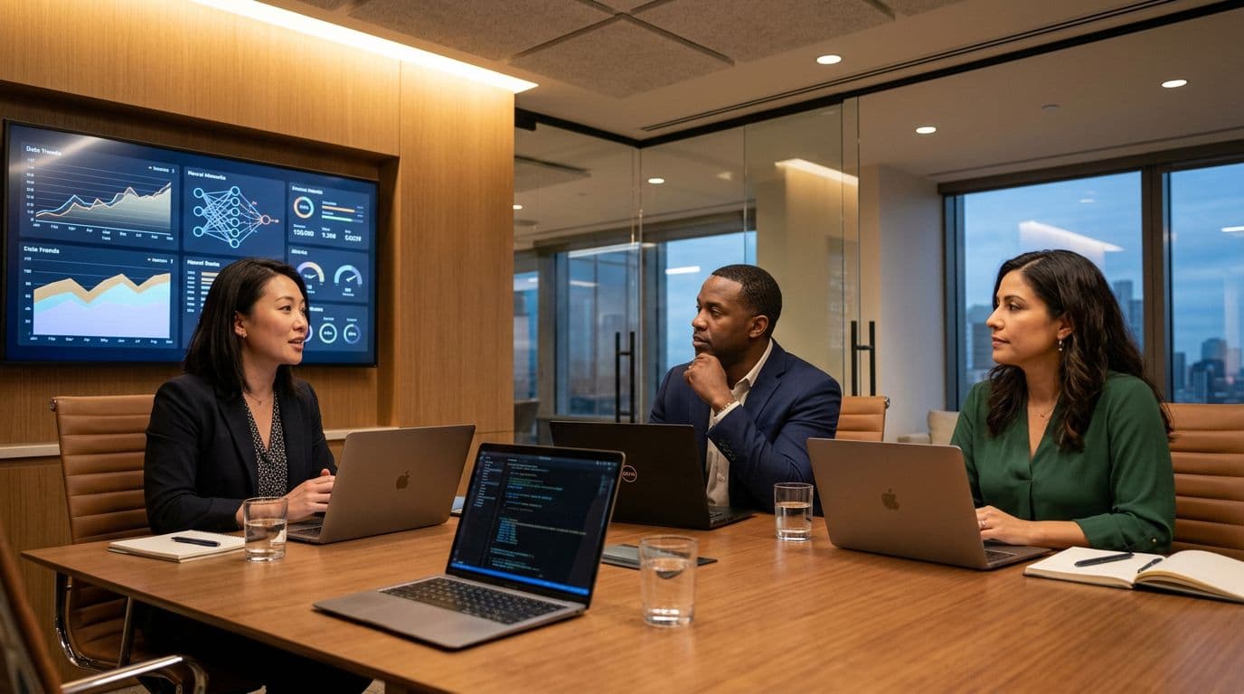 A team of three diverse professionals in a modern conference room, focused on discussing AI charts on a screen with open laptops on the table, warm lighting, realistic photo style.