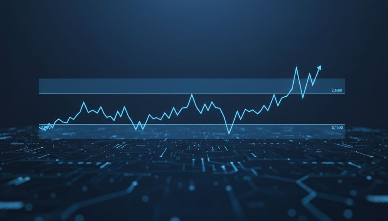 Illustration of Ethereum price action with chart bouncing between $1,900 and $2,160, hinting at upward momentum in modern digital art style with soft blue lighting.