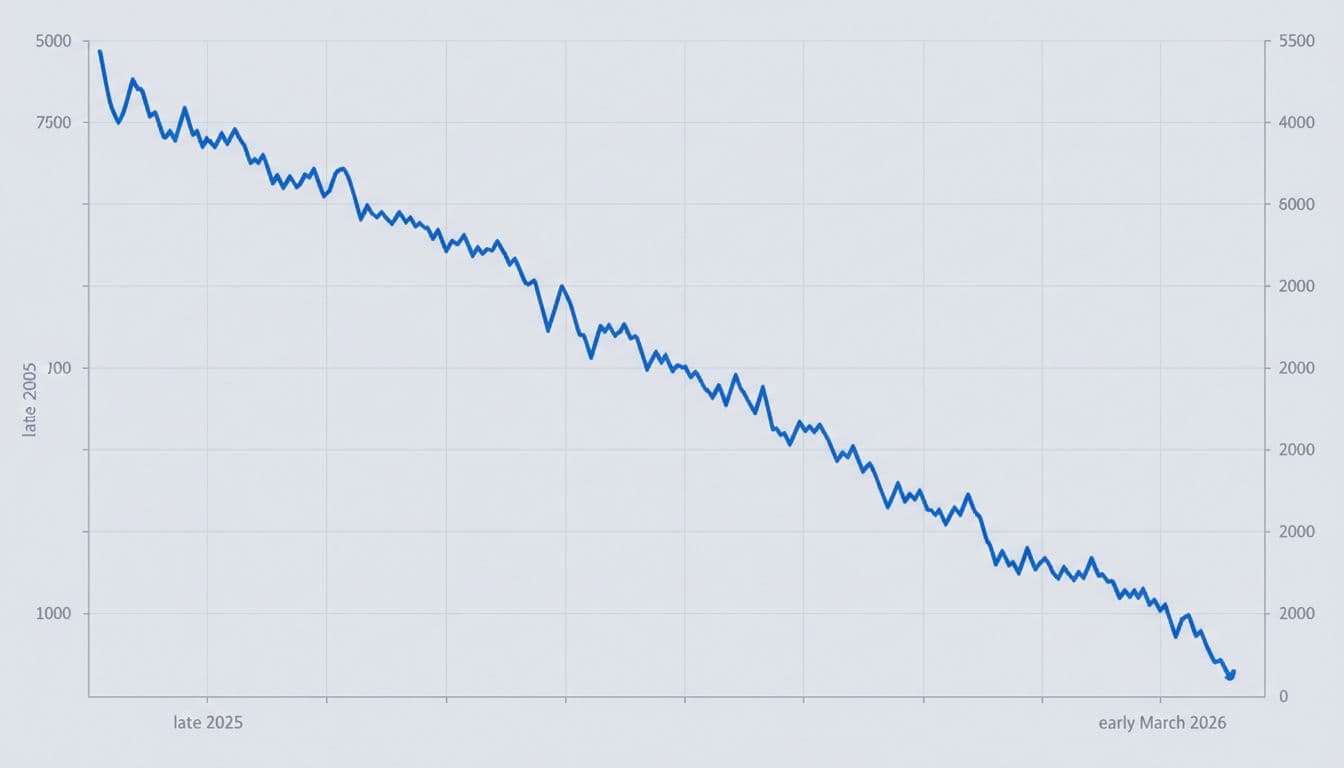 Simple line chart depicting Ethereum's steep price decline from above 5000 in late 2025 to around 2000 in early March 2026, with a blue line on light gray background and subtle grid.