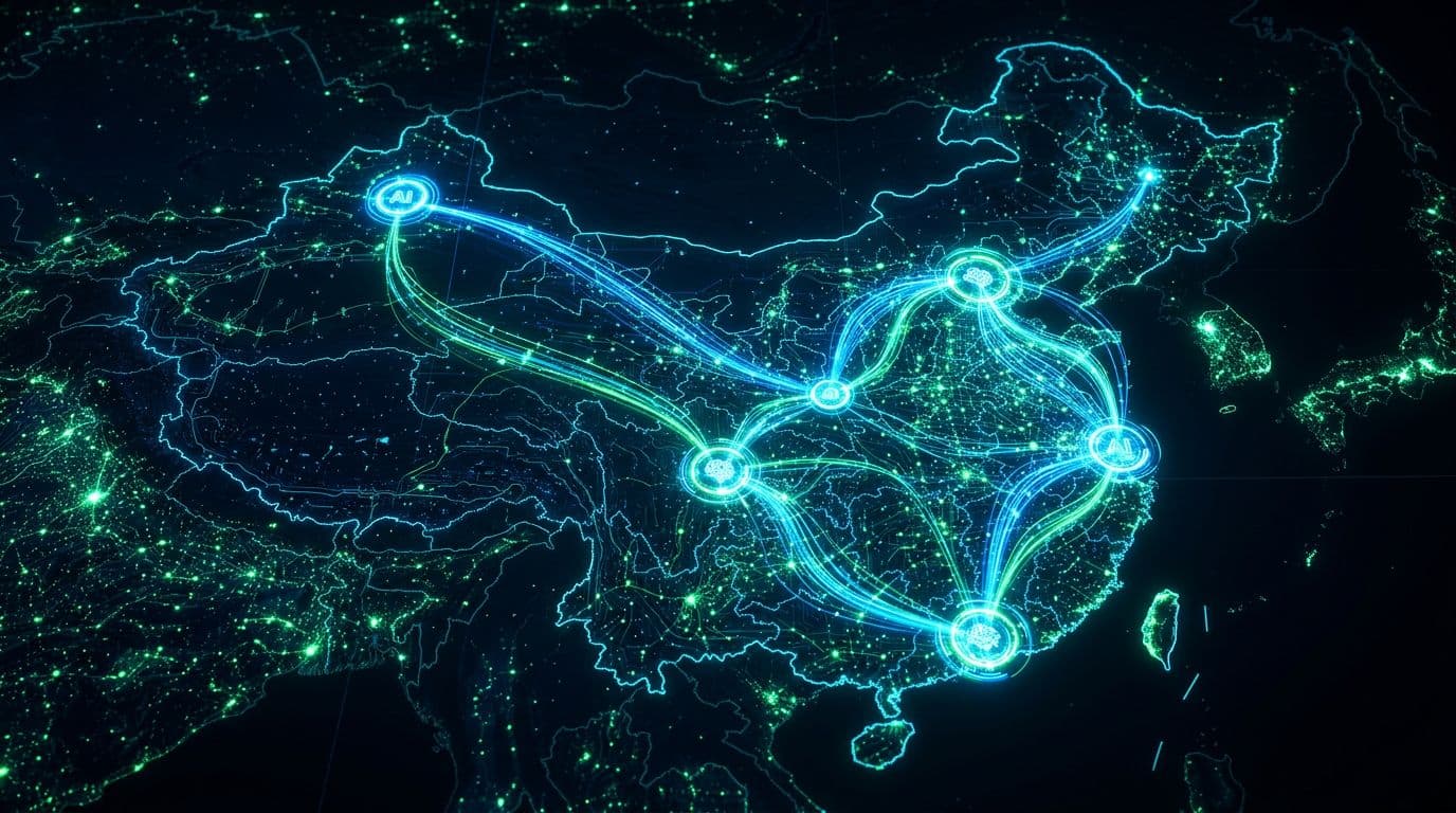 Abstract visualization of five glowing AI model icons linked by data flows on a digital network map centered on China, featuring a dark background with blue and green lights in a simple futuristic style.