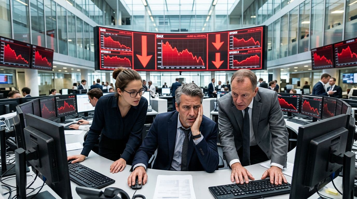 Busy European stock trading floor in Frankfurt featuring large screens with red downward arrows and falling DAX and STOXX charts, three traders in business attire looking worried at monitors in a modern glass-walled hall.