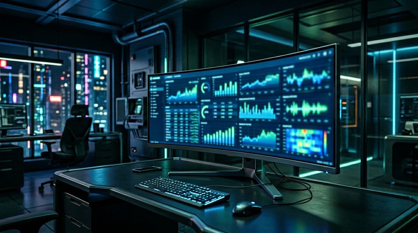A realistic cyberpunk-style single monitor in a modern office displays glowing, blurred charts tracking crypto metrics like volume rebound and stablecoin demand in blue and green tones, with no people, text, logos, or watermarks.