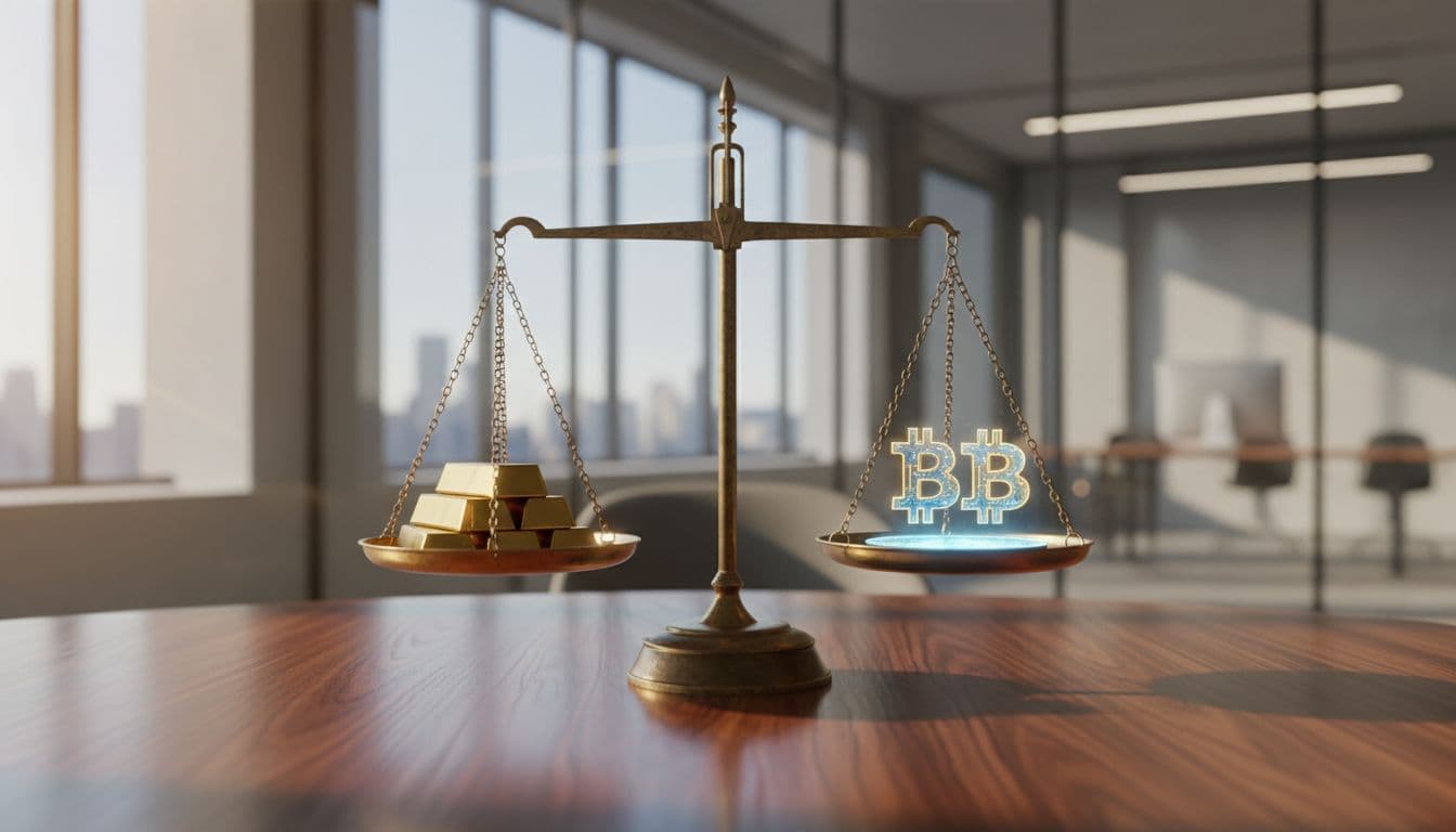 Golden bars stacked on one side of a wooden table balanced against glowing digital Bitcoin symbols on the other side, with a scale in the center, in a modern office with soft natural light.