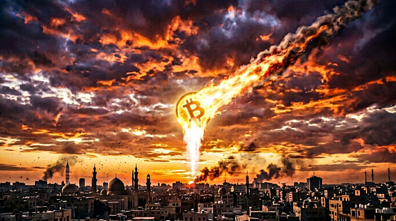 Golden Bitcoin symbol soaring upward like a rocket trail against a dramatic sunset skyline of a Middle Eastern city with subtle smoke plumes, high contrast orange and red tones in photorealistic cinematic style.