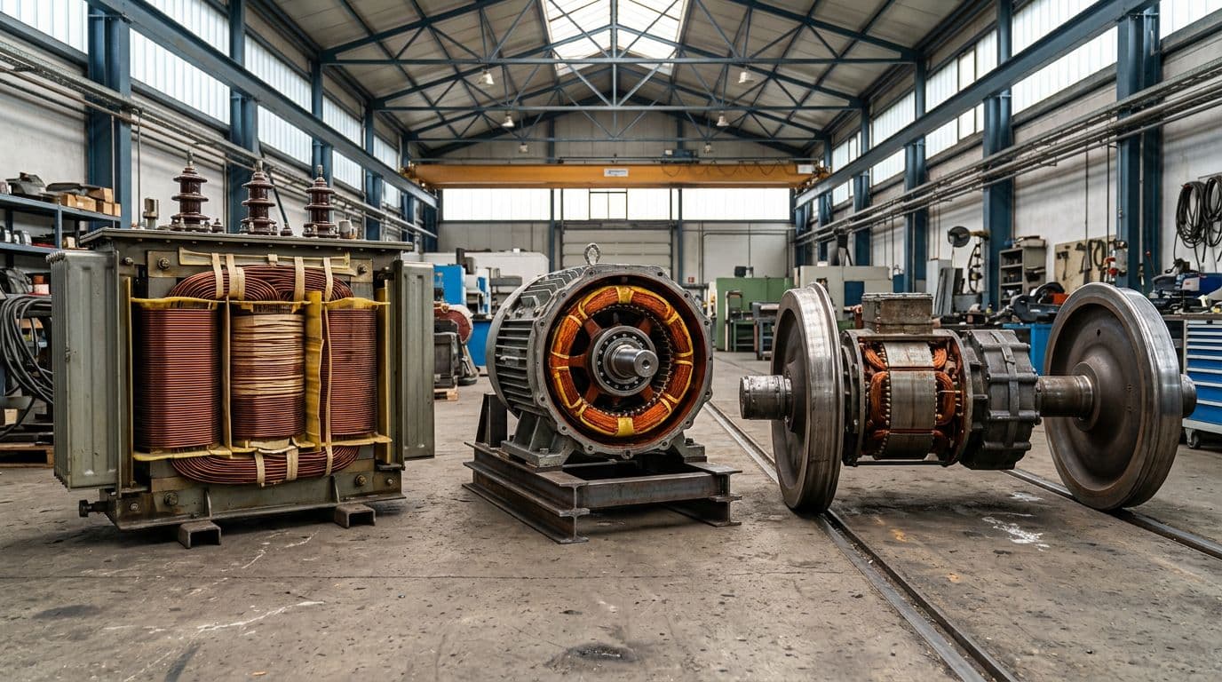 High-voltage power transformer with visible copper windings and insulation beside electric vehicle motor and rail traction components in spacious industrial workshop. Wide landscape composition focuses on three main elements side by side with realistic photography and natural overhead lighting.