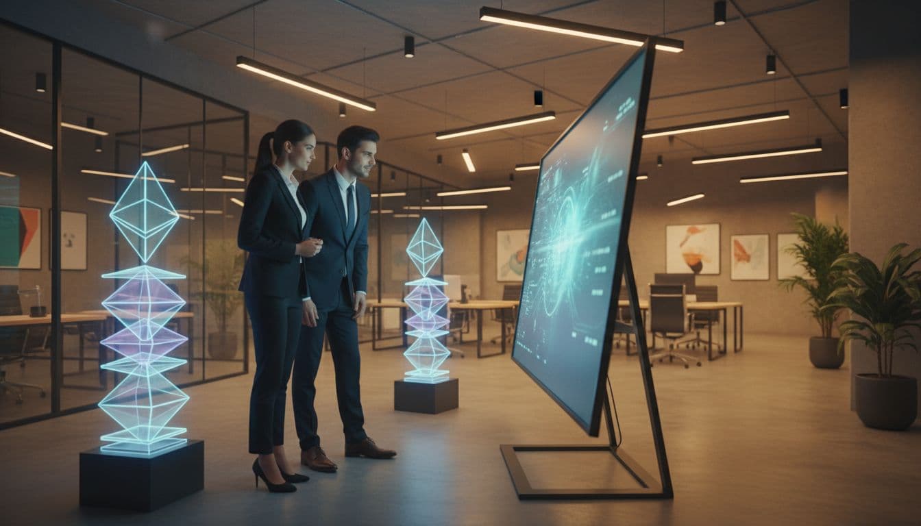 In a modern financial office with warm lighting, two suited professionals (one man, one woman) confidently examine blurred Ethereum accumulation data on a large angled screen, surrounded by stacks of digital ETH symbols.