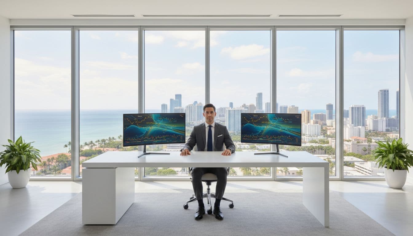 Modern minimalist office in Miami with floor-to-ceiling windows overlooking ocean and skyline, one professional in business attire at desk with blurred financial charts on dual monitors.