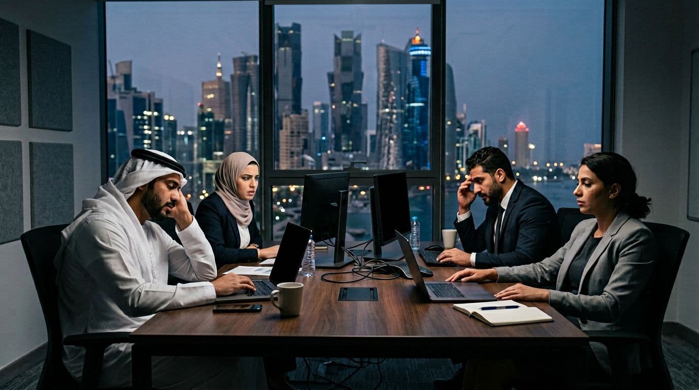 In a modern Middle Eastern business office, four workers gather around a conference table with laptops and monitors displaying outage error icons, their frustrated expressions illuminated by dim lighting from power issues, with a city skyline visible through the windows in realistic style.