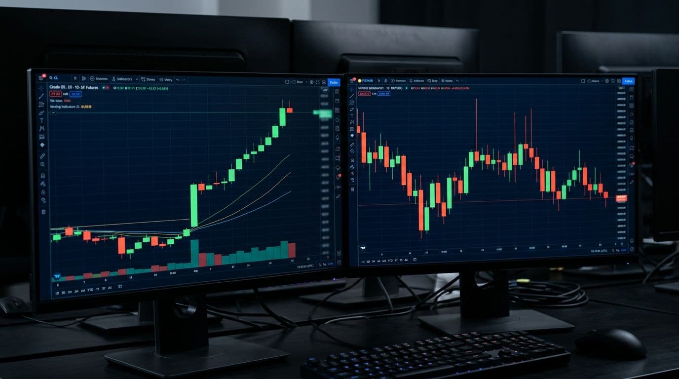 Professional trading desk with dual candlestick charts: left shows oil futures sudden upside gap and strong green candles, right shows bitcoin large wick rejection and choppy action. Dark background, multiple monitors, realistic style, soft lighting.