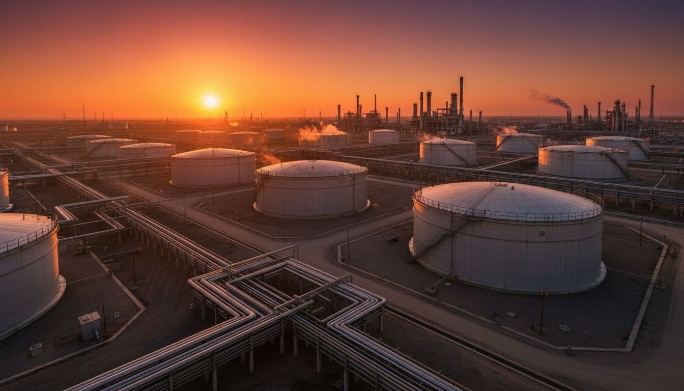 A realistic photo of an oil refinery at sunset featuring pipelines and storage tanks in a vast industrial setting with warm lighting, evoking rising crude prices amid geopolitical tensions.