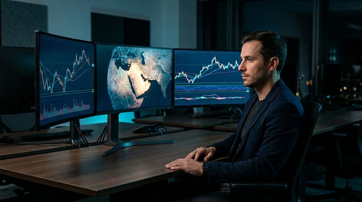 A single professional trader seated in a dimly lit modern office, facing three large monitors with abstract financial charts and a Middle East-focused world map, hands relaxed on desk, thoughtful expression, realistic photography with soft blue screen lighting.