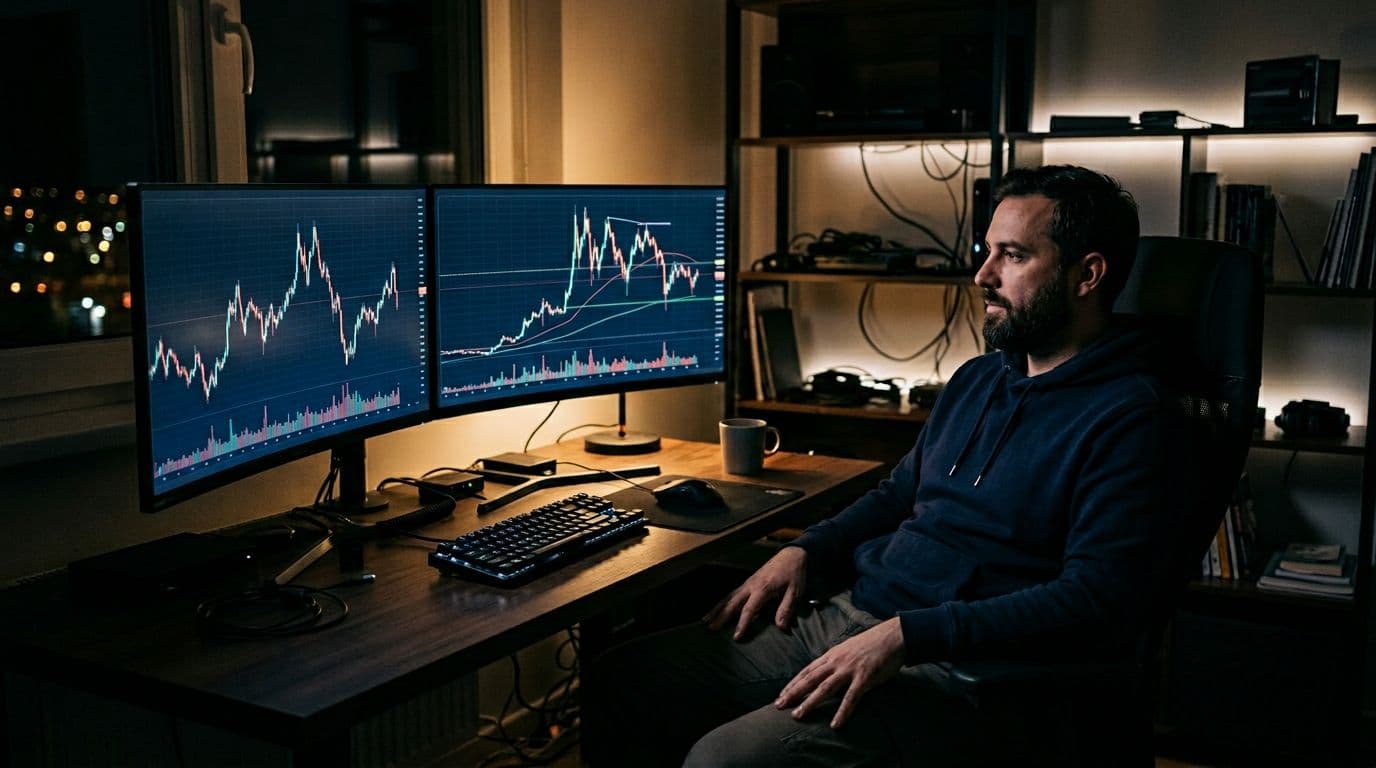 A trader sits relaxed at a desk in a dimly lit room during a night session, monitoring dual screens displaying volatile oil and bitcoin charts with hands away from the keyboard. Realistic photo style featuring exactly one person, no text on screens or extra people.