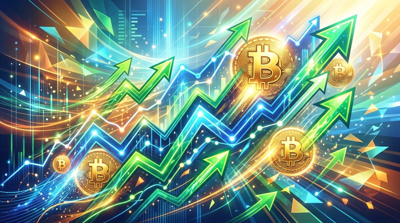 Abstract illustration of rising stock market graphs intertwined with golden Bitcoin symbols and upward green arrows, representing risk-on investor mood and vibrant financial growth in a dynamic composition with bright lighting.