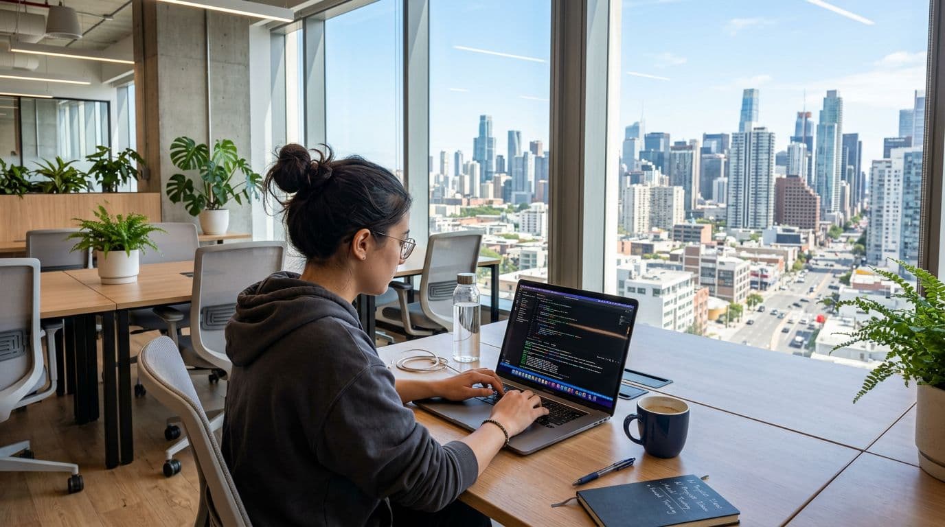 A modern open office with one developer at a desk using a laptop for AI coding assistance, coffee mug nearby, city skyline through window, natural daylight, realistic style.