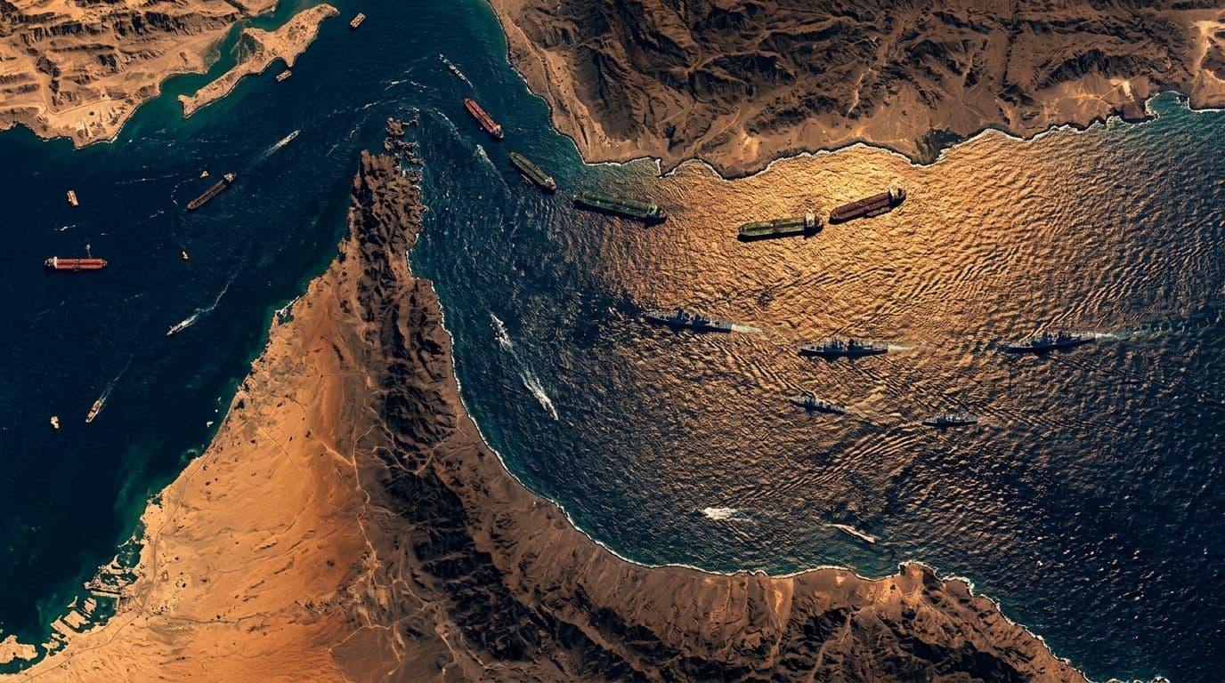 Realistic satellite-style aerial view of the Strait of Hormuz showing halted oil tankers amid tense military presence with warships, choppy seas, and dramatic sunset lighting.