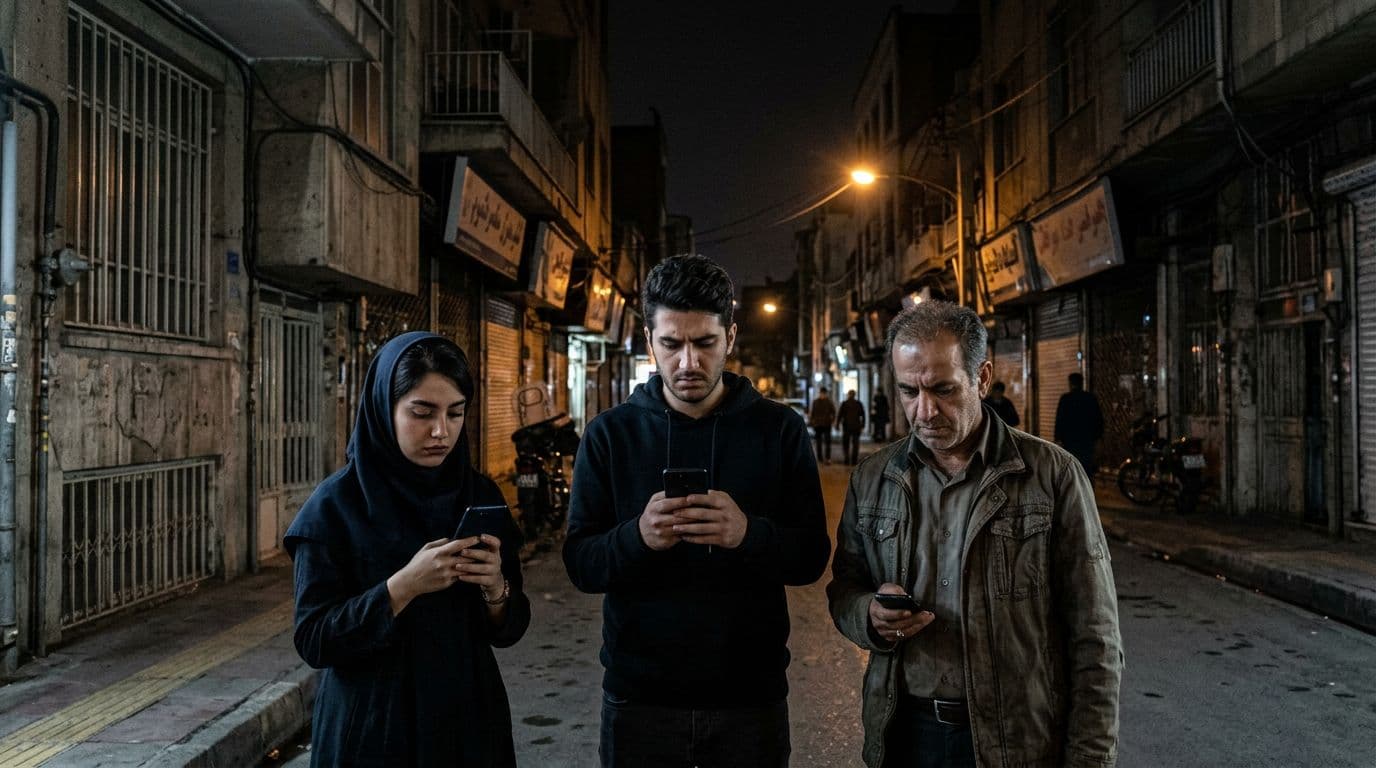 A realistic scene of a tense city street in Tehran at night during an internet blackout, with exactly three frustrated people holding phones low under dim streetlights.