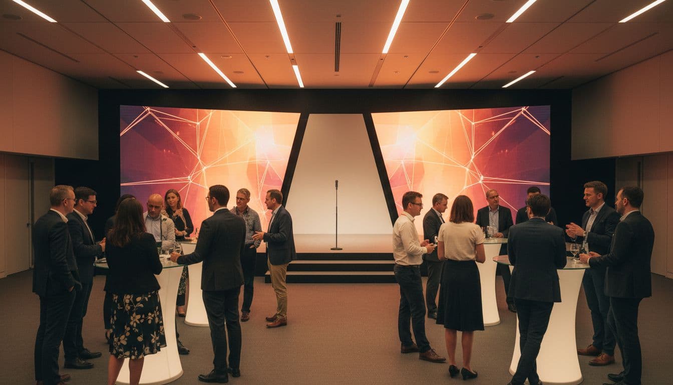 Vibrant professional conference hall in Tokyo Roppongi Hills with modern architecture and exactly 20 diverse attendees in business casual networking around high tables, large empty stage in background under soft warm event lighting.